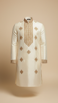 Ivory Silk Men's Kurta With Gold Embroidery
