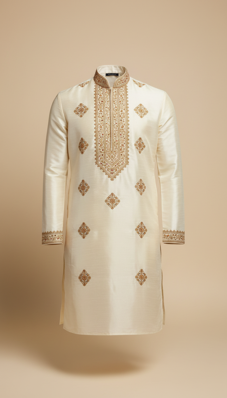 Ivory Silk Men's Kurta With Gold Embroidery