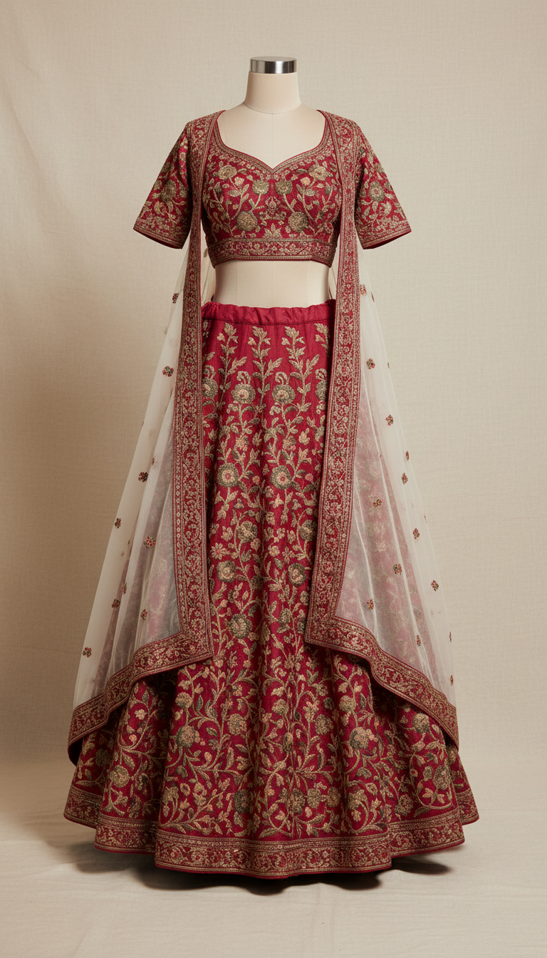 Embroidered Garnet Lehenga Set